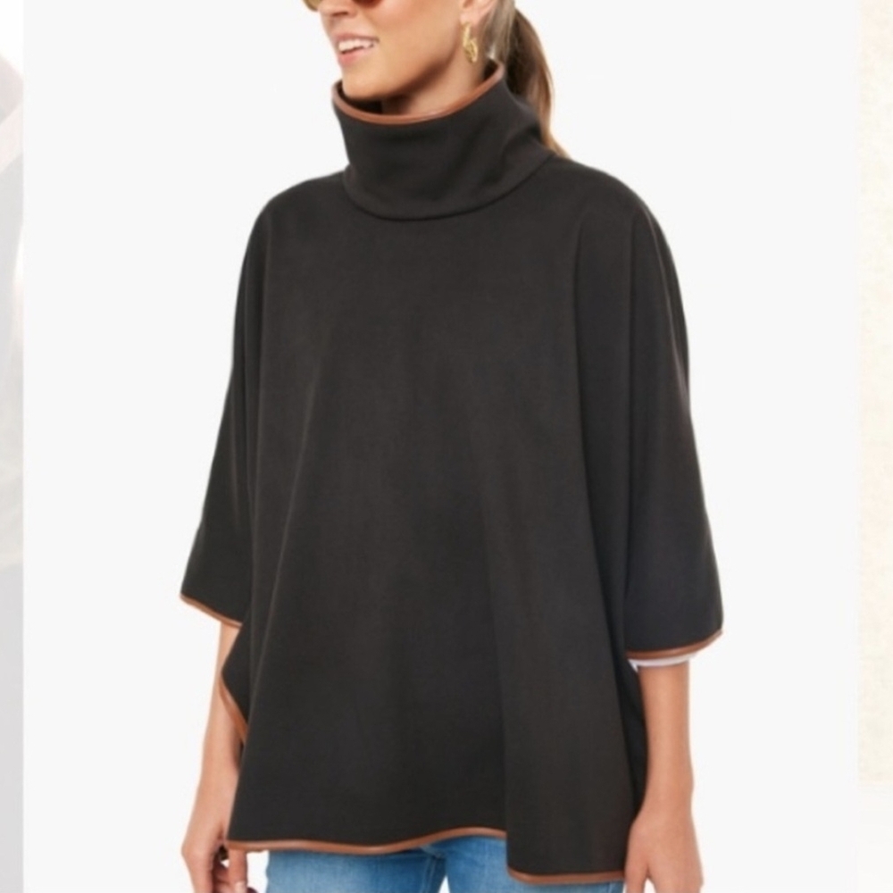 Tuckernuck Piper Poncho Black With Brown Trim Funnel Neck One Size